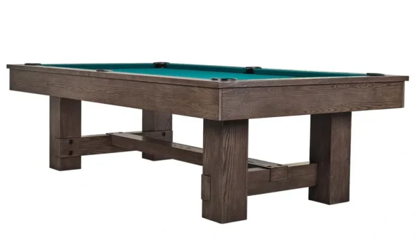 A pool table with a green table top.