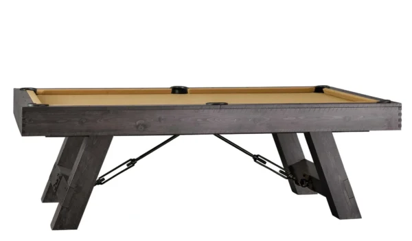 A billiard table with a wooden top and legs.