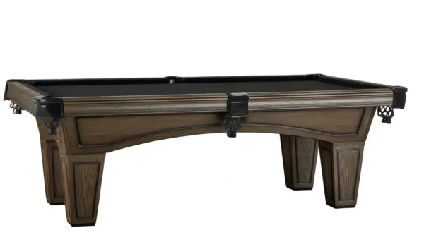 A pool table with a black top and wooden legs.