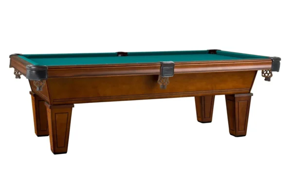 A pool table with a green cloth.