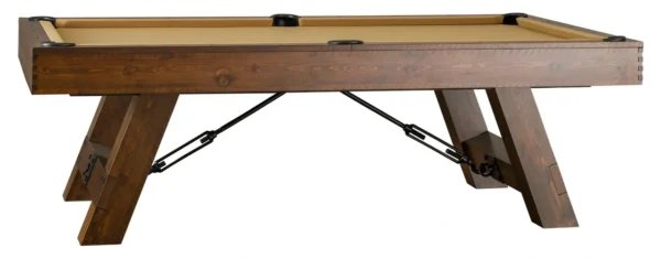 A billiard table with a wooden top and legs.