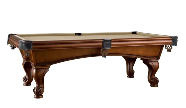 A pool table with a brown cloth and wooden legs.