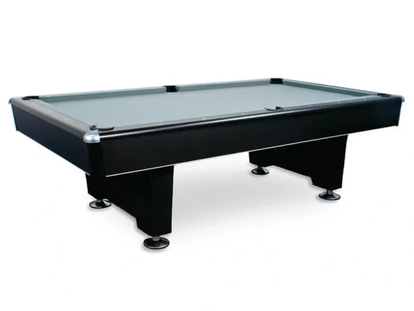 A pool table with black legs and black cloth.
