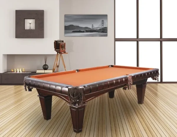A pool table in a living room.