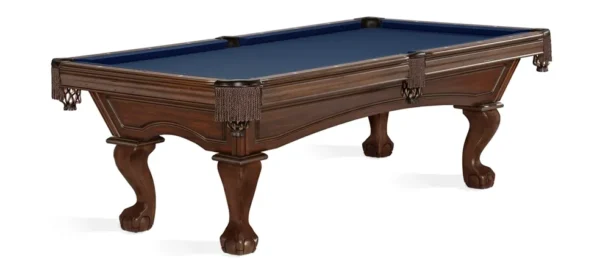 A pool table with a blue cloth on it.
