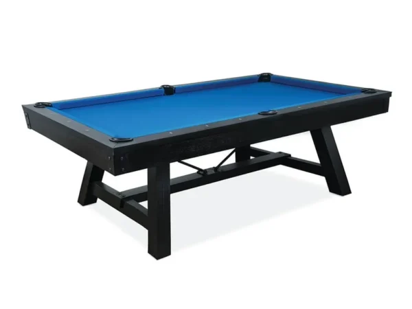 A pool table with a blue cloth.