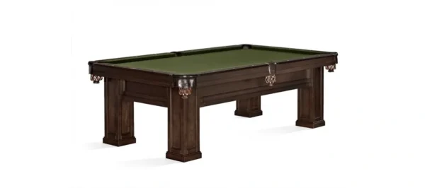 A pool table with a green cloth.