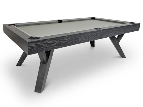 A pool table with a grey top and black legs.