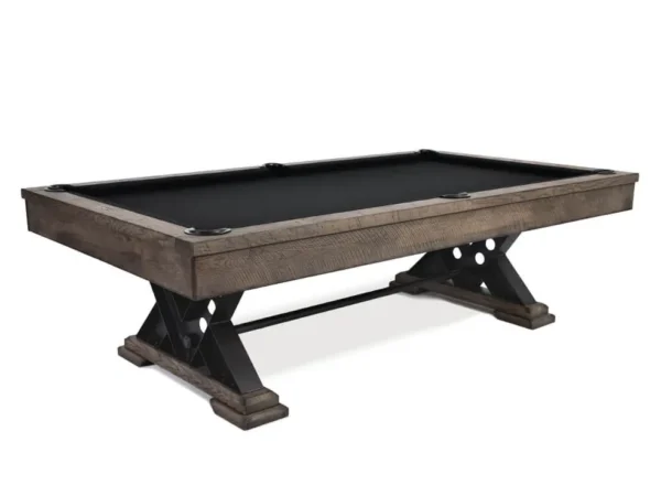 A pool table with a black striped cloth.