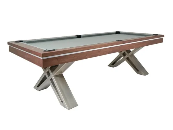 A pool table with a glass top and metal legs.