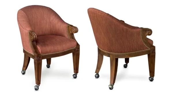 A pair of red upholstered chairs on casters, Item # CH13025-CH.