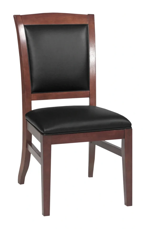 A wooden chair with black leather upholstered seat. (Item # SO13033-CH)
