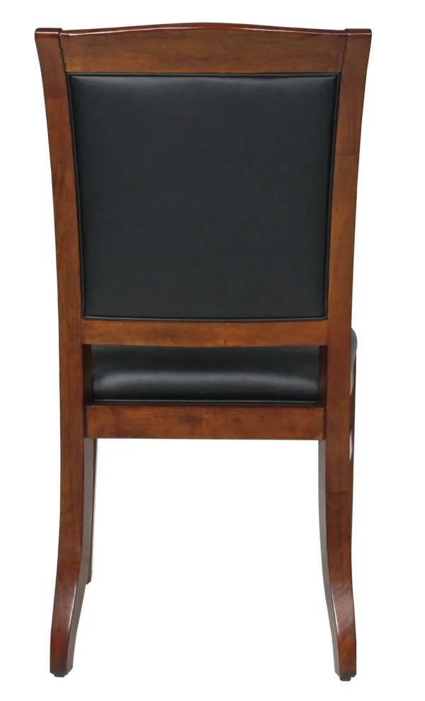 A wooden Item # SO13041-CH with black leather upholstered seat.