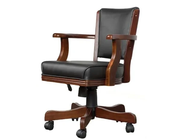 A gaming chair with a black leather seat and castors, Item # PH13027-CH.