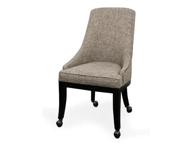 A gray upholstered dining chair with black legs. (Item # PR13024-CH)