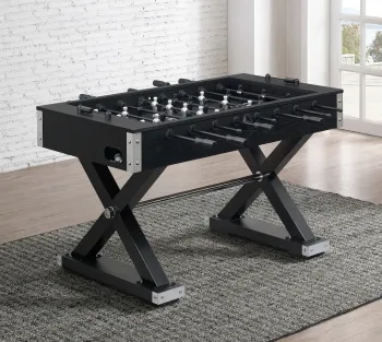 A black Item # MO17001-FB foosball table on a tabletop.