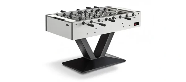 A white Item # MO17001-FB foosball table on a stand.