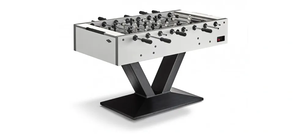 A white Item # MO17001-FB foosball table on a stand.