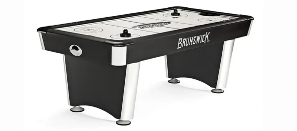 A black and white Item # MO17001-FB air hockey table on a white background.