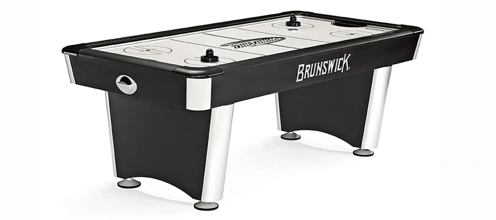 A black and white Item # MO17001-FB air hockey table on a white background.
