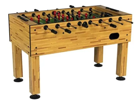 A wooden Item # MO17001-FB foosball table with red and black balls.