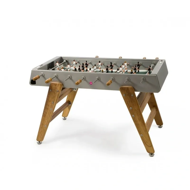 A foosball table with wooden legs on a white background, Item # MO17001-FB.