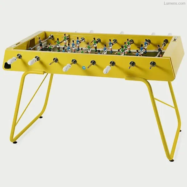 A yellow Item # MO17001-FB foosball table on a white background.