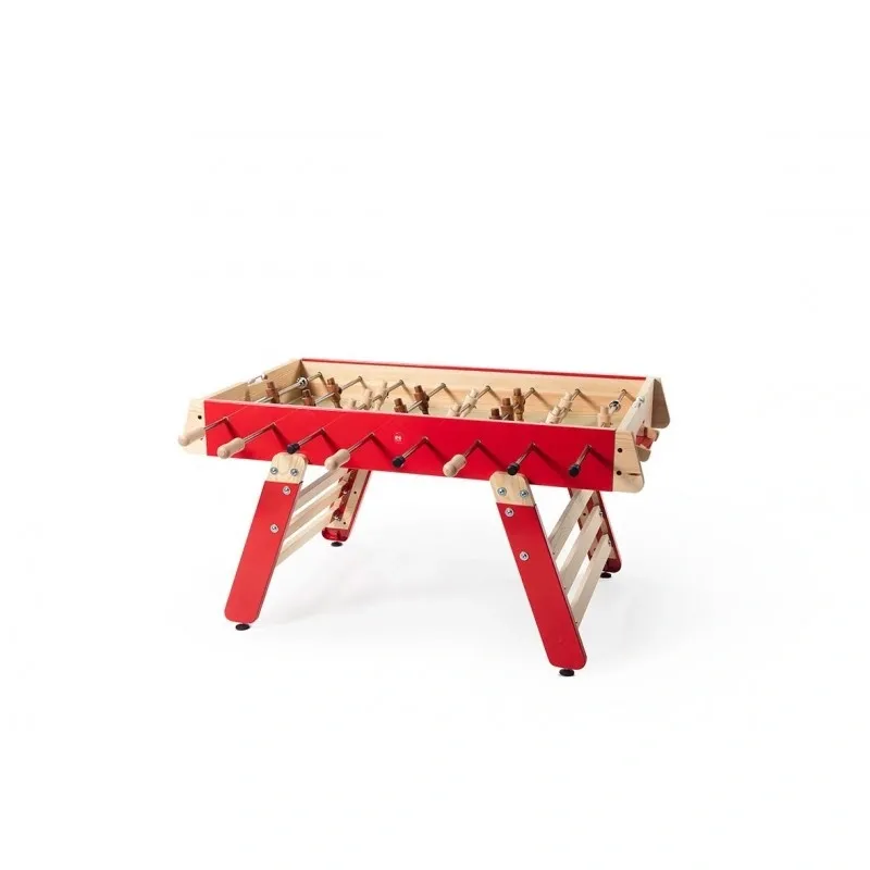 A wooden table with a red top and wooden legs, Item # MO17001-FB.