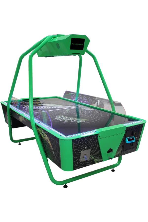 A green air hockey table with lights on Item # MO17001-FB.
