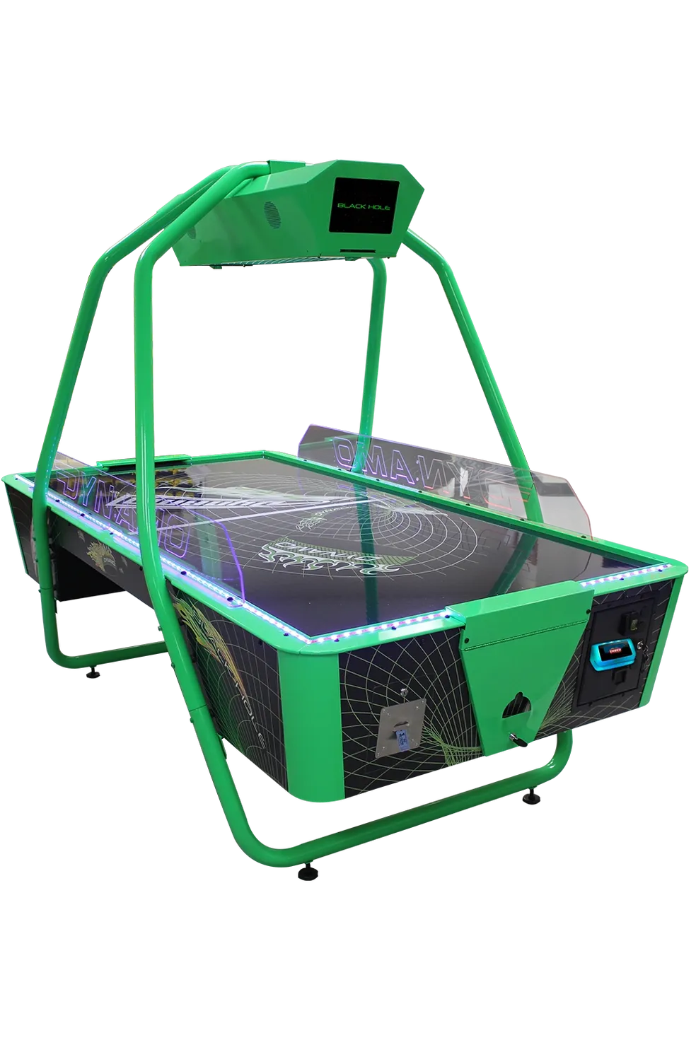 A green air hockey table with lights on Item # MO17001-FB.