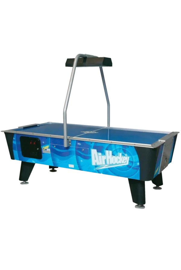 The air hockey table Item # MO17001-FB with a blue background.