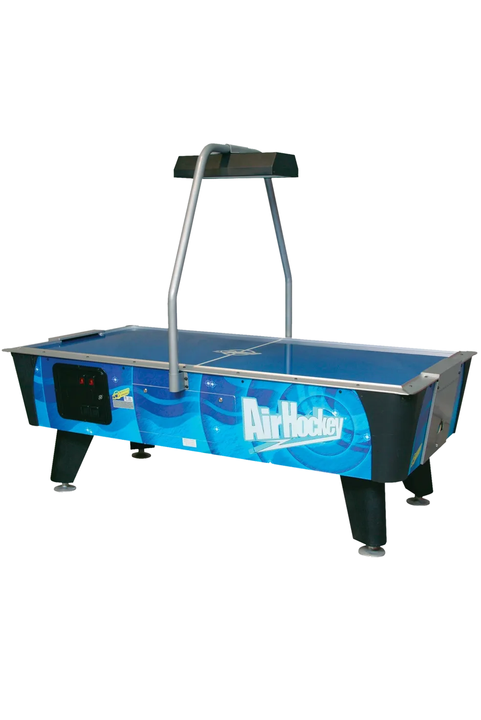 The air hockey table Item # MO17001-FB with a blue background.