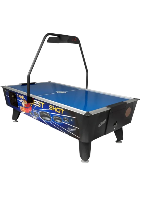 A blue Item # MO17001-FB air hockey table with a black background.