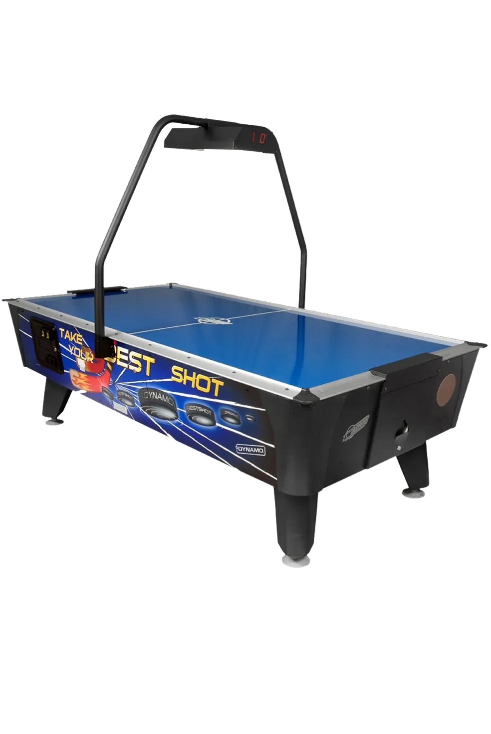 A blue Item # MO17001-FB air hockey table with a black background.