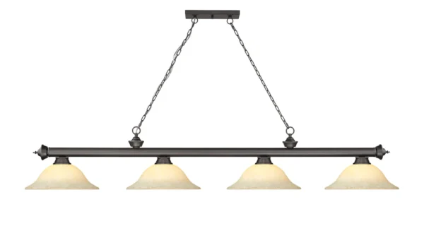 A light fixture, Item # ZL26016-LT, with four lights and frosted glass shades.
