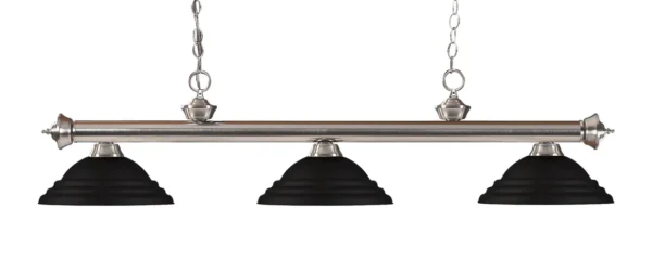 A three light ZL26020-LT pendant with black glass shades.