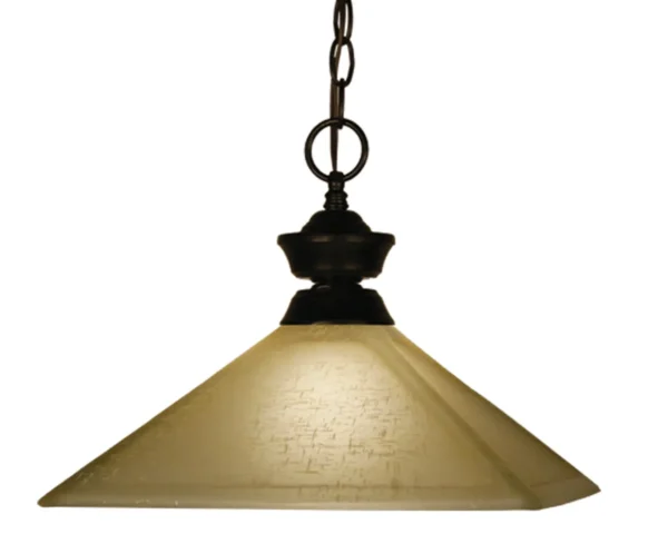 A pendant light with a glass shade hanging from a chain. Item #ZL26024-LT.