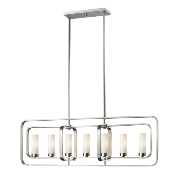 A light fixture with a rectangular shape and white glass shades, Item # ZL26028-LT.