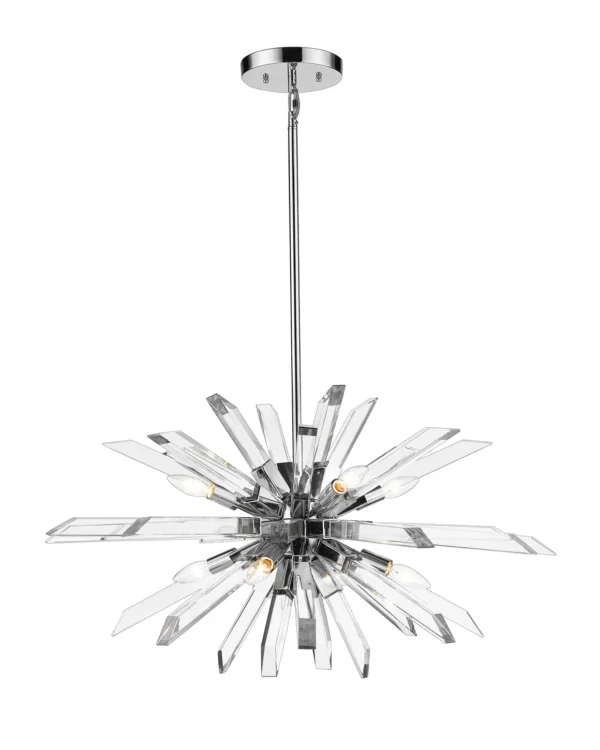 A chrome and glass chandelier with a starburst pattern, item # ZL26029-LT.