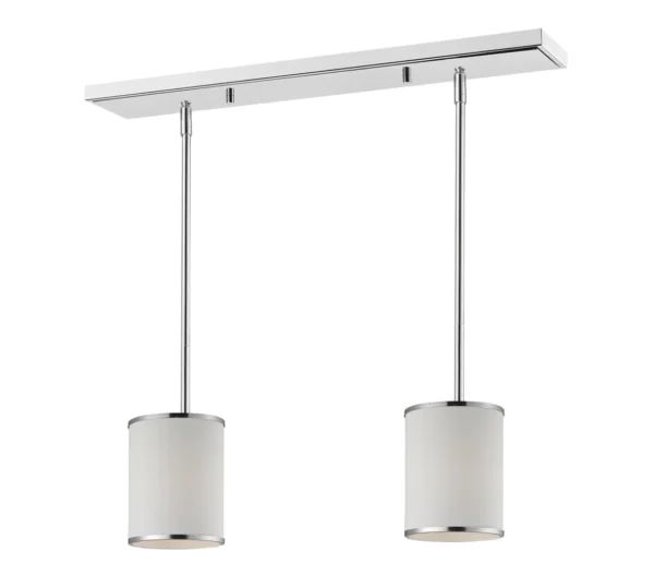 A product with Item # ZL26033-LT is a chrome pendant light with two white cylinders.
