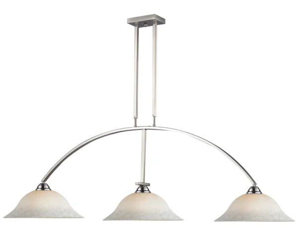 Item # ZL26036-LT, a three light chandelier with frosted glass shades.