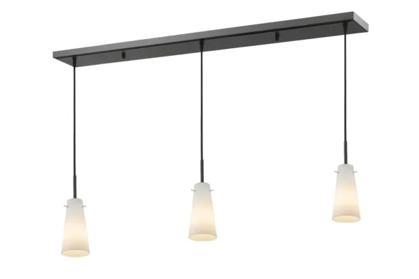 Three Item # ZL26051-LT pendant hanging from a black metal frame.