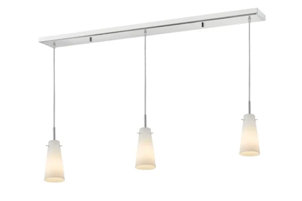 Three lights hanging from an Item # ZL26052-LT chrome ceiling fixture.