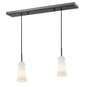 Item # ZL26053-LT is a black pendant light with two white glass shades.