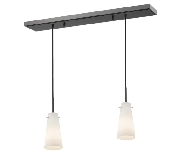 Item # ZL26053-LT is a black pendant light with two white glass shades.