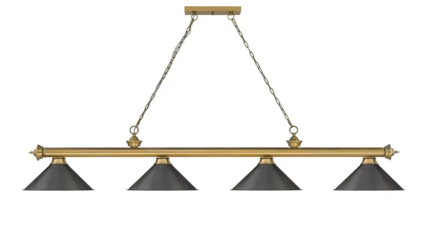 A light fixture with four Item # ZL26069-LT shades hanging from a gold chain.