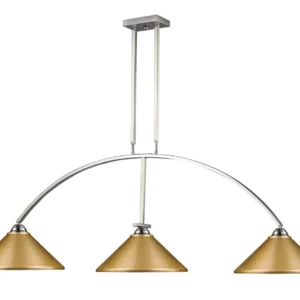 A three light chandelier with gold shades, Item # ZL26075-LT.