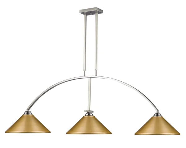 A three light chandelier with gold shades, Item # ZL26075-LT.