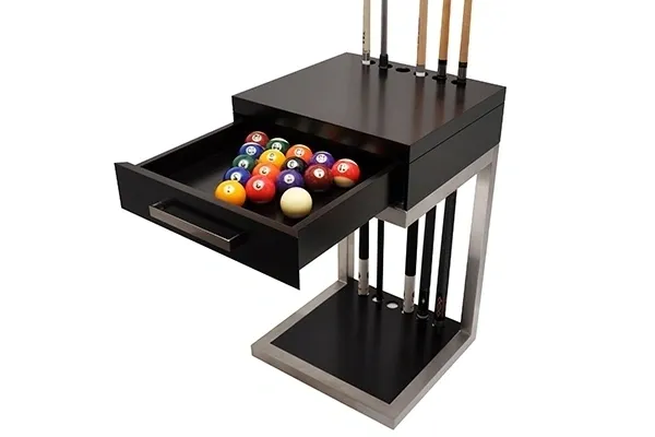 A billiard table with a pool cue and a set of billiard balls, all included in the Item # GW21021-CRF package.