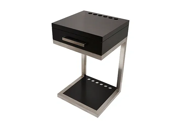 A black and silver Item # GW21022-CRF cigar stand with a drawer.